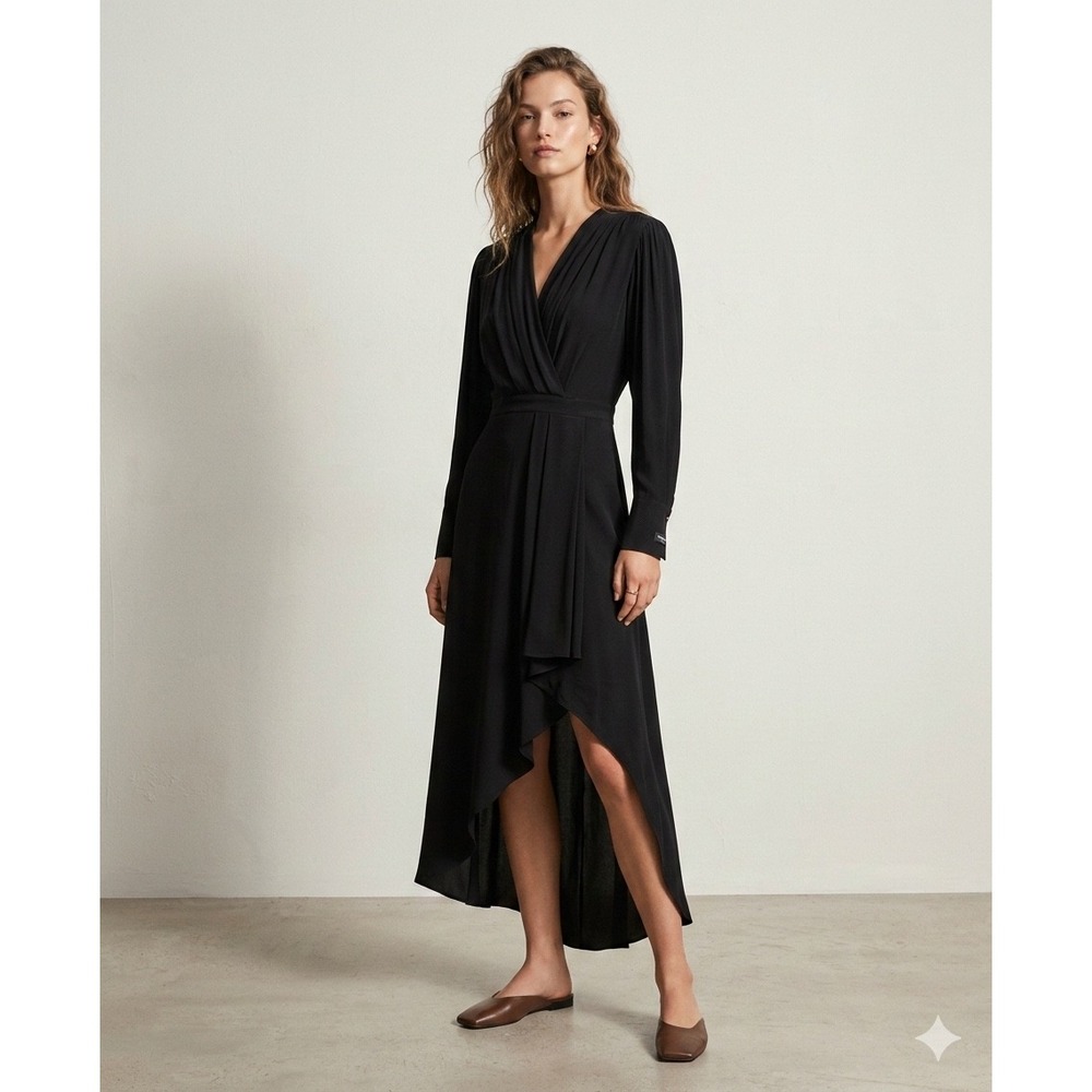The Kooples Black Satin Pleated V-Neck Midi Dress Long Sleeve NWT Size 4 US